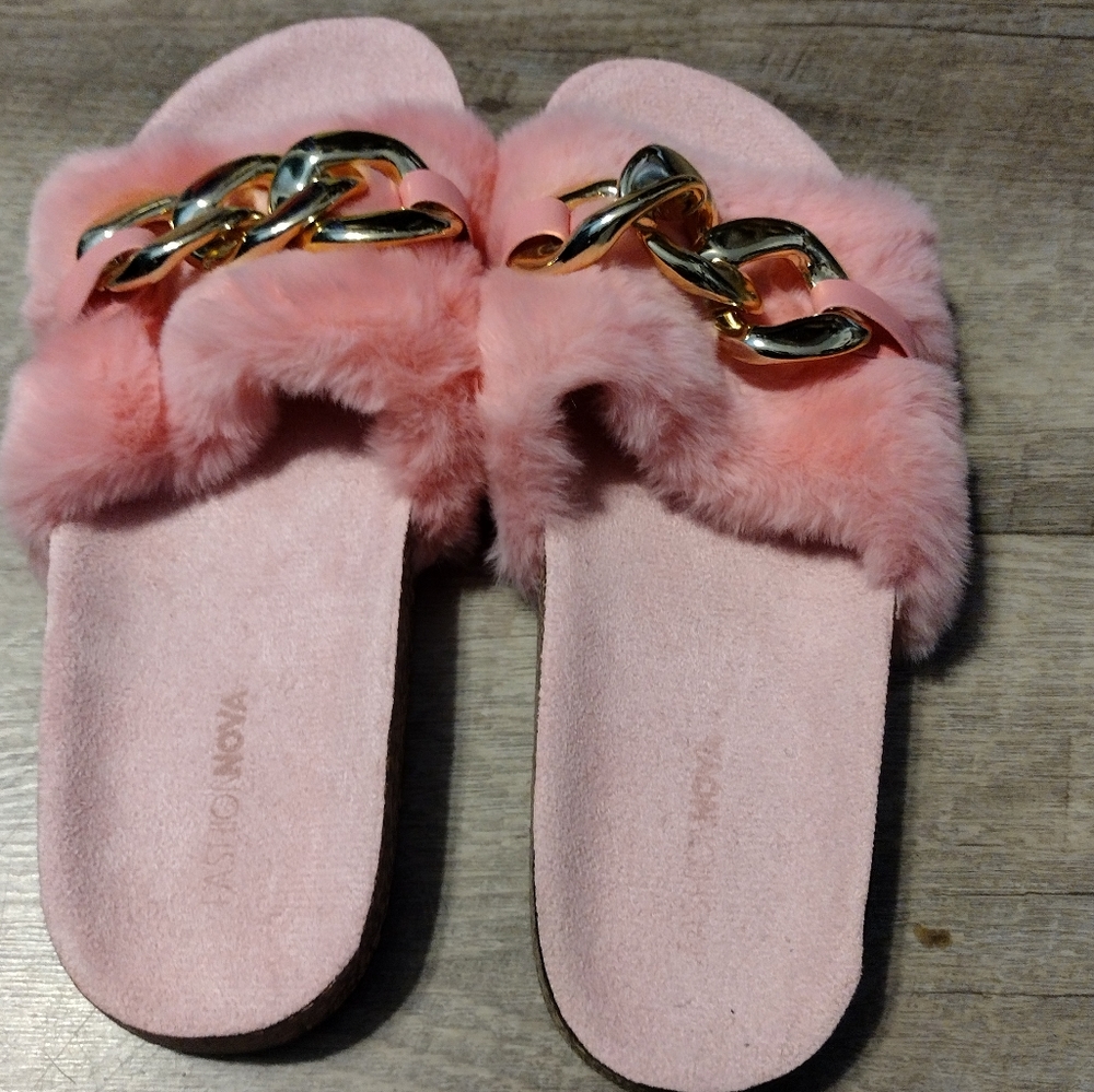 Faux fur slides.